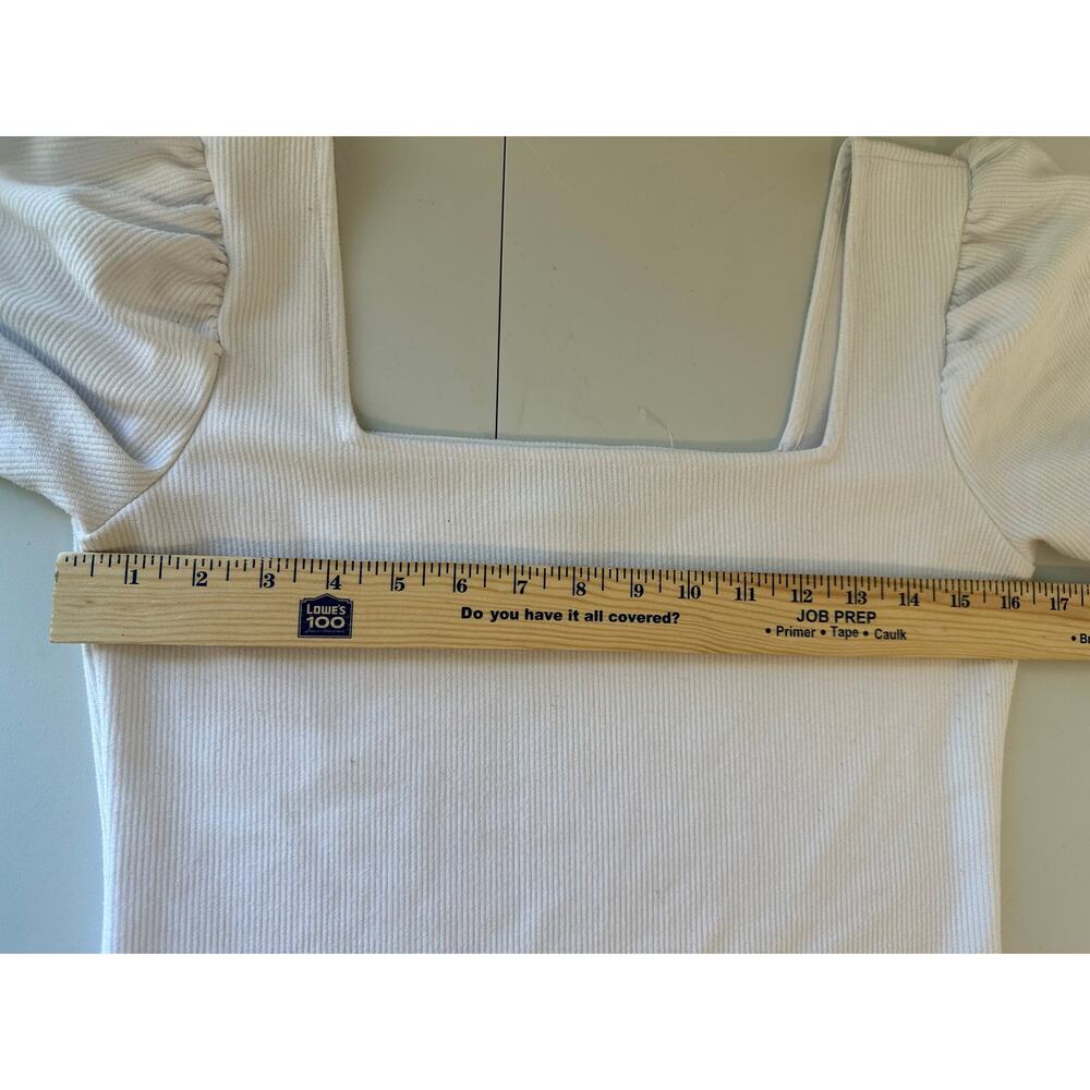 Club Monaco White Ribbed Blouse Short Puff Sleeve Square Neck Stretch Top M - Picture 6 of 6